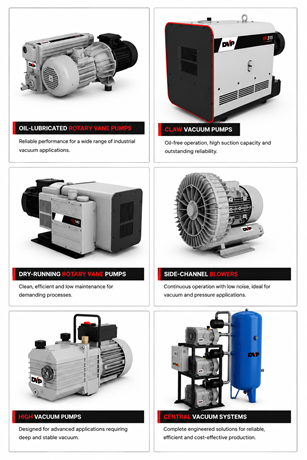 DVP vacuum pump range including rotary vane, claw, side-channel, high-vacuum and central vacuum systems