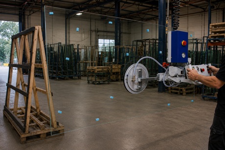 Vacuum lifter handling a large glass panel