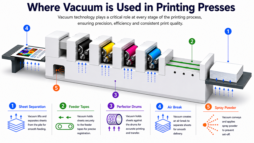 Diagram showing vacuum and pressure applications on a printing press